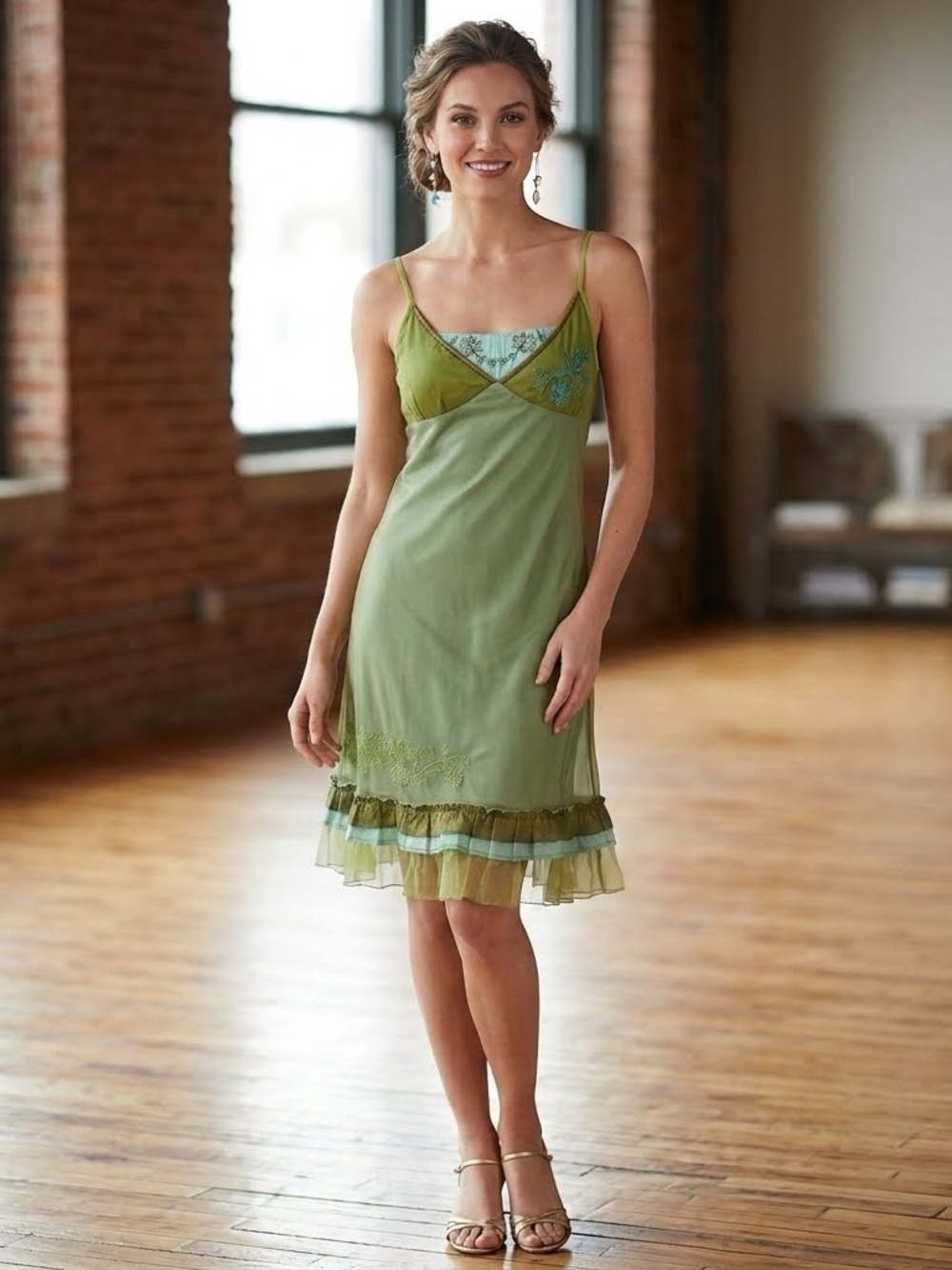 Deux Par Deux Cottagecore  Sage/Blue Spagetti Strap Embroidered Feminine Dress